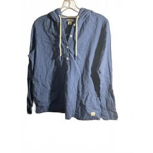 L.L. Bean Hooded Shirt - Casual Lightweight Linen Blend Top in Blue Medium